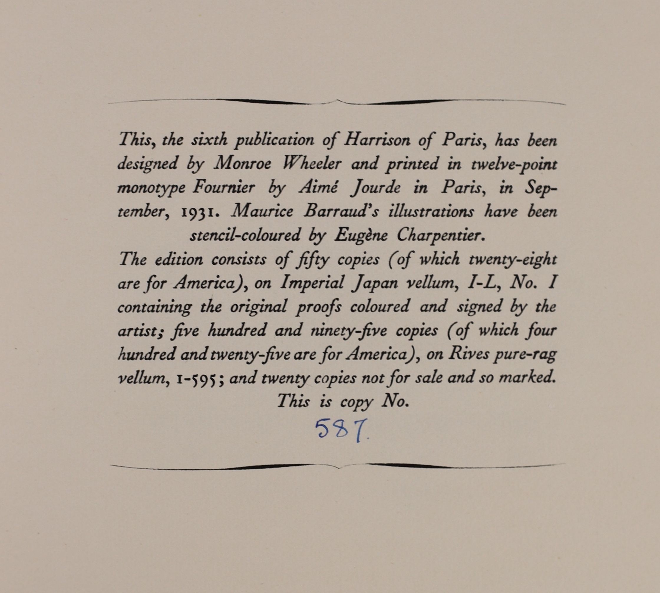 Merimée, Prosper - Carmen and Letters from Spain. Limited edition, one of 595. Complete with 10 monochrome water colour illustrations by Maurice Barraud, many of which are full page. Original pictorial board with gilt le